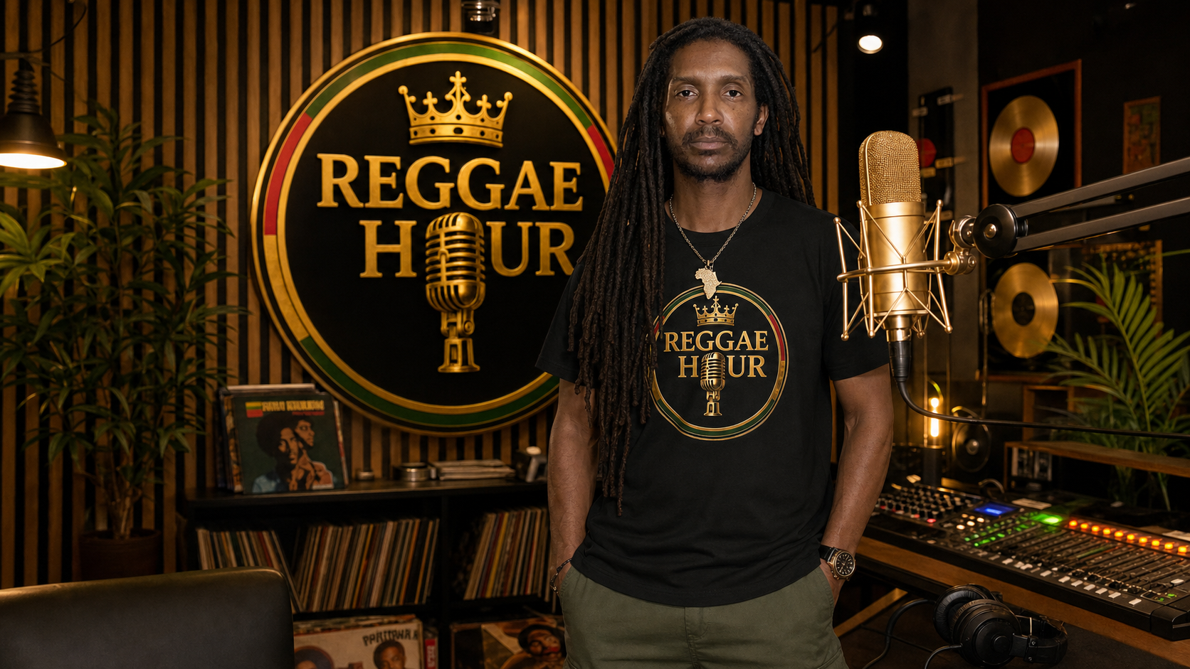 Reggae Hour host in the Reggae Hour studio beside a microphone and vinyl collection
